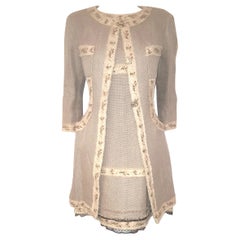 Chanel Luxe Beige Beaded W/ Trim  Woven Linen Long Jacket Coat & Dress Suit