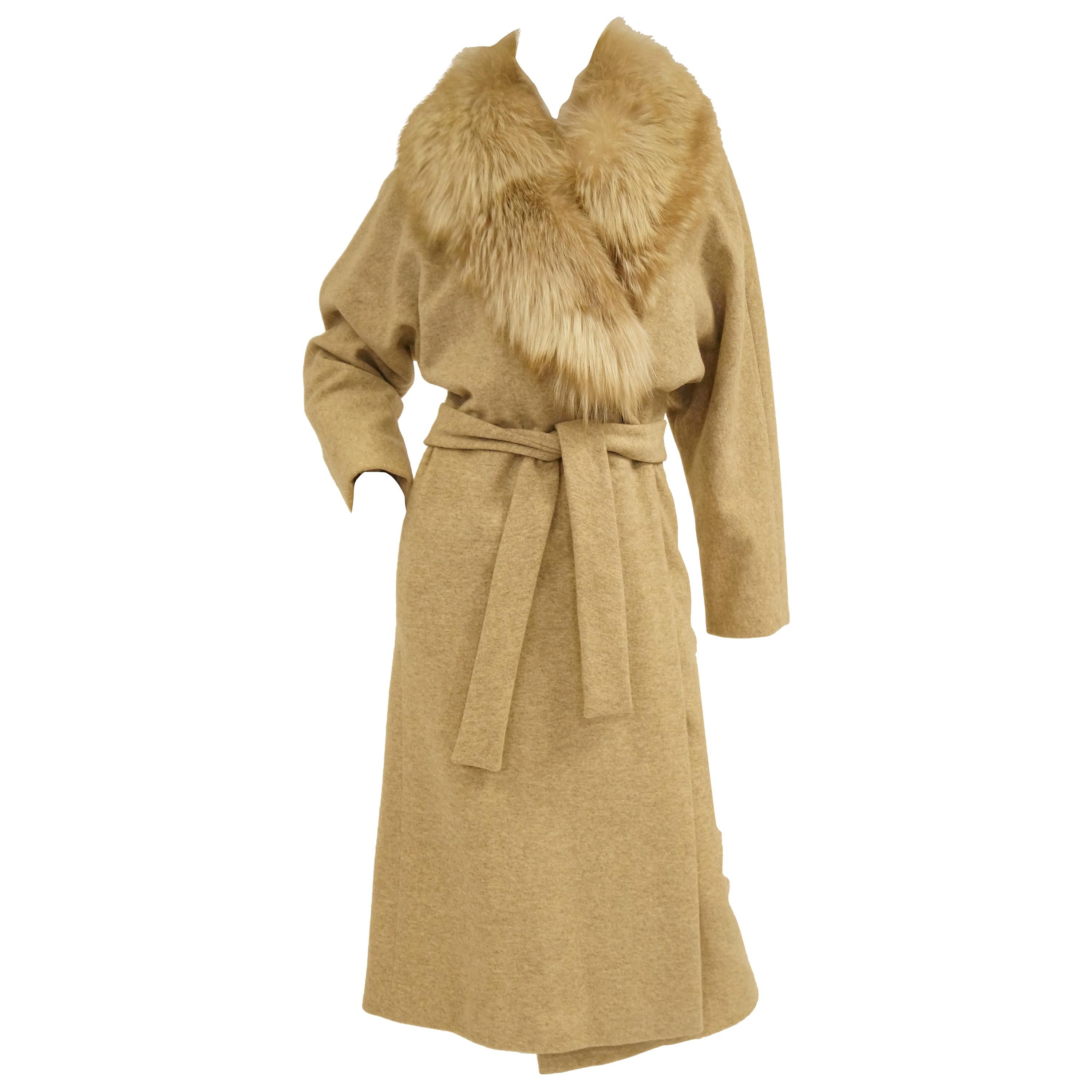 1970s Bill Blass Plush Fox Collar Wool Wrap Coat for Neiman Marcus