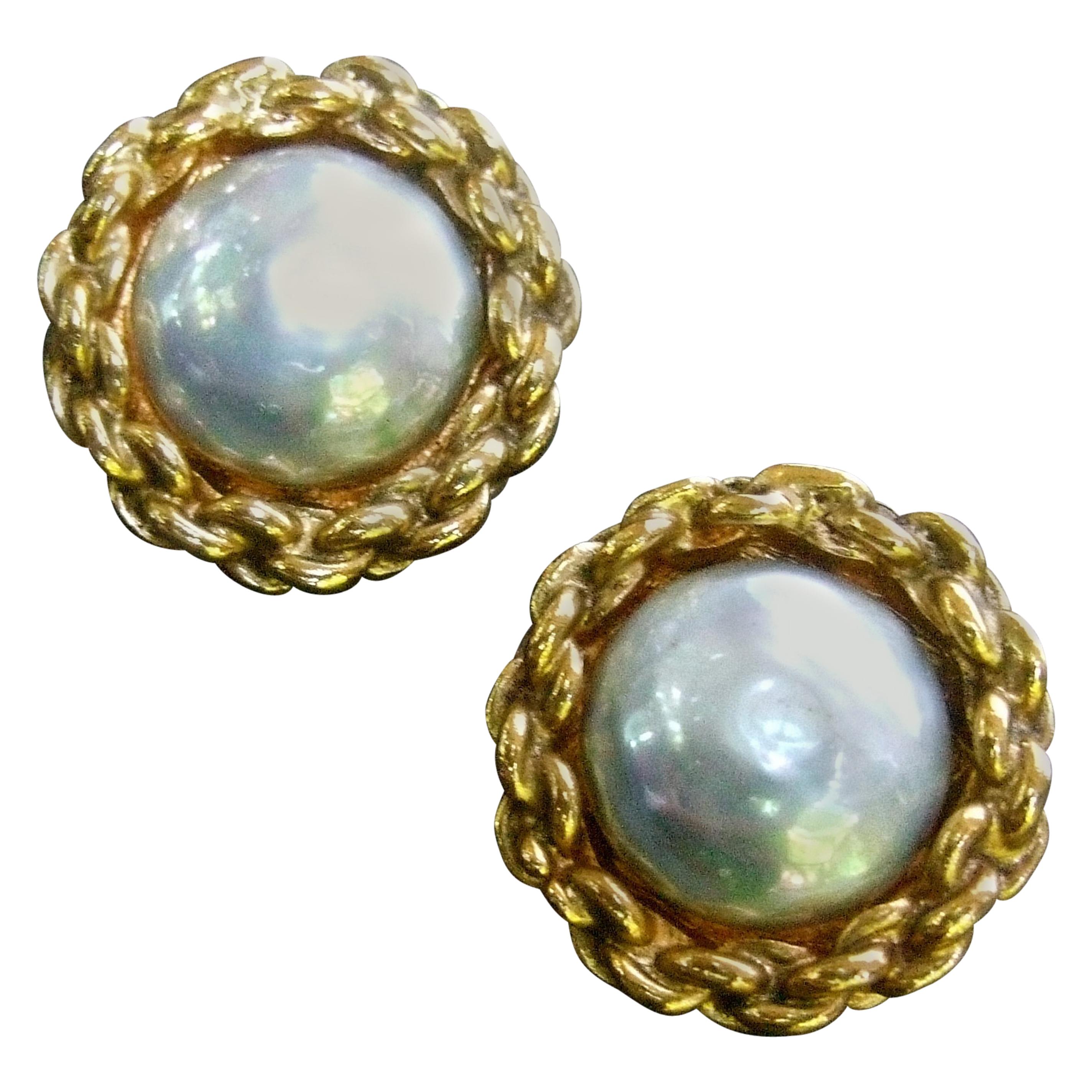 Chanel Glass Pearl Gilt Metal Clip On Button Earrings circa 1990s 
