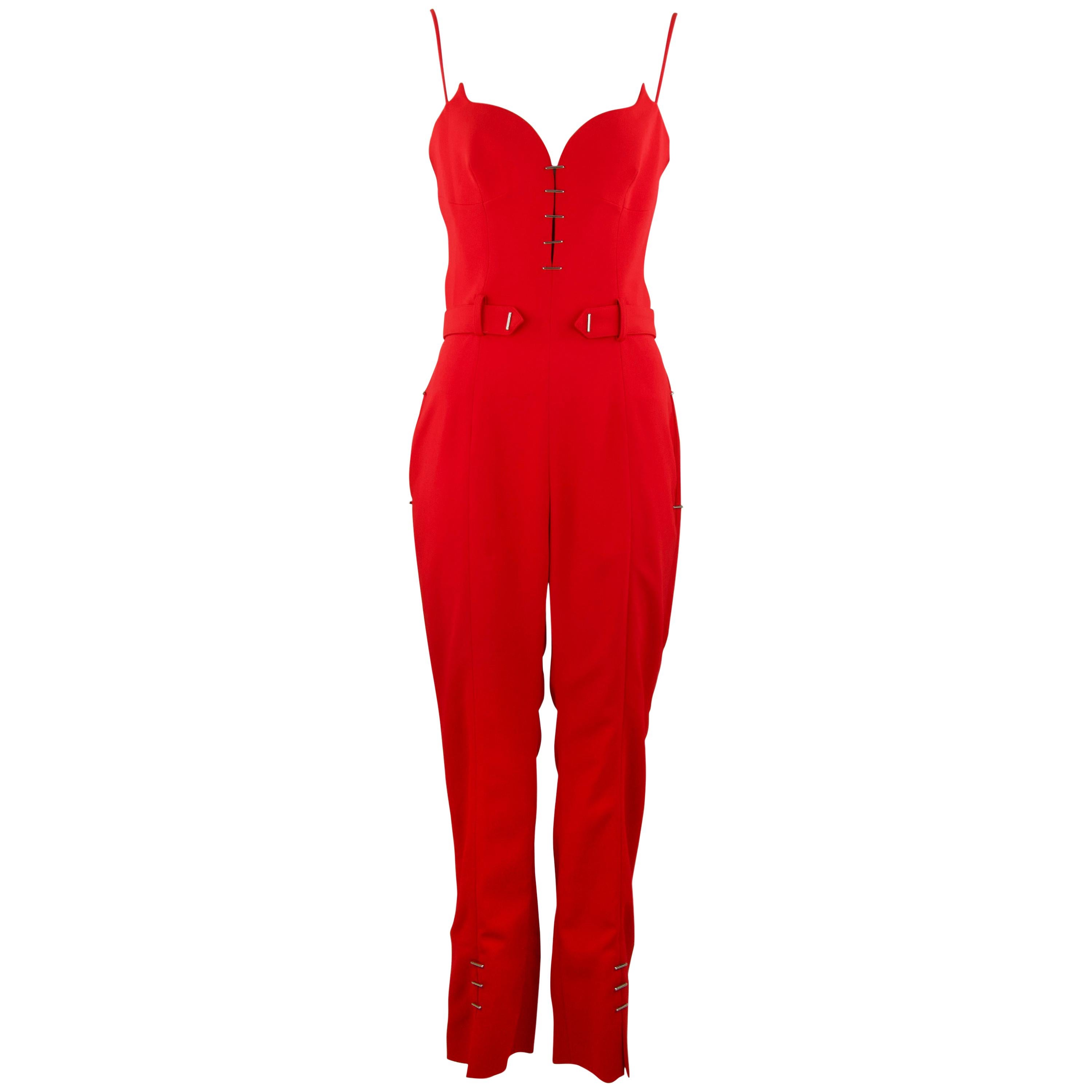 Mugler Red Jumpsuit with Silver Hardware - Size FR 38 For Sale