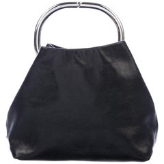 Prada Black Leather Silver Metal Top Handle Small Party Evening Satchel Bag