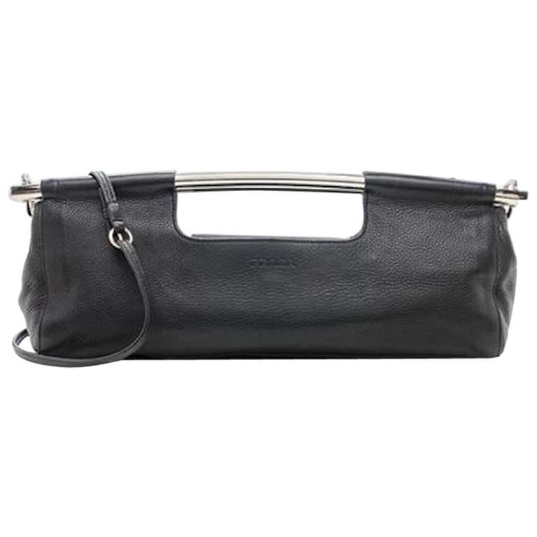 Prada Black Leather Metal Top Handle Bar 2 in 1 Clutch Handbag