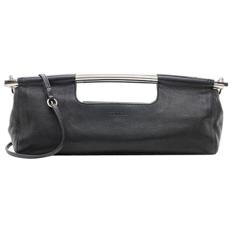 Prada Black Leather Metal Top Handle Bar 2 in 1 Clutch Shoulder 