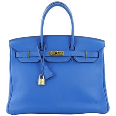 Hermes Birkin Handbag Bleu Hydra Clemence with Gold Hardware 35