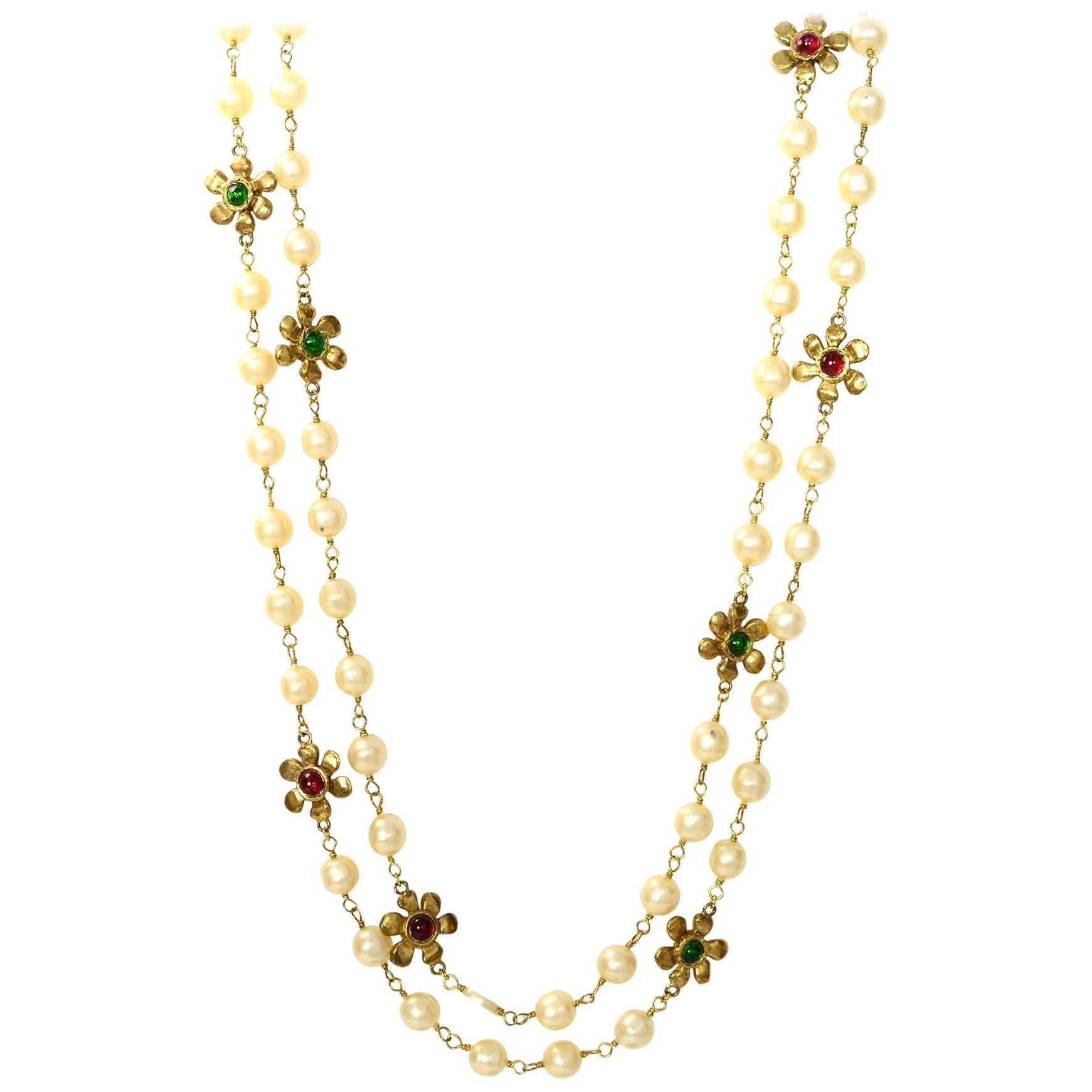 Chanel '80s X-Long Goldtone Faux Pearl & Red/Green Gripoix Flower Necklace