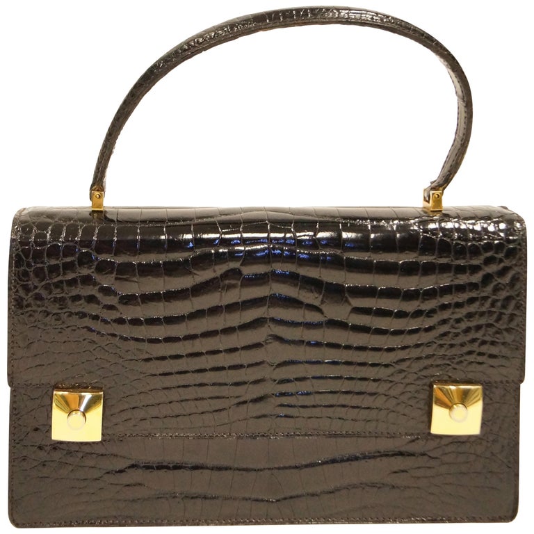 1960s Black Patent Kelly Style Reptile Handbag For Sale at 1stdibs