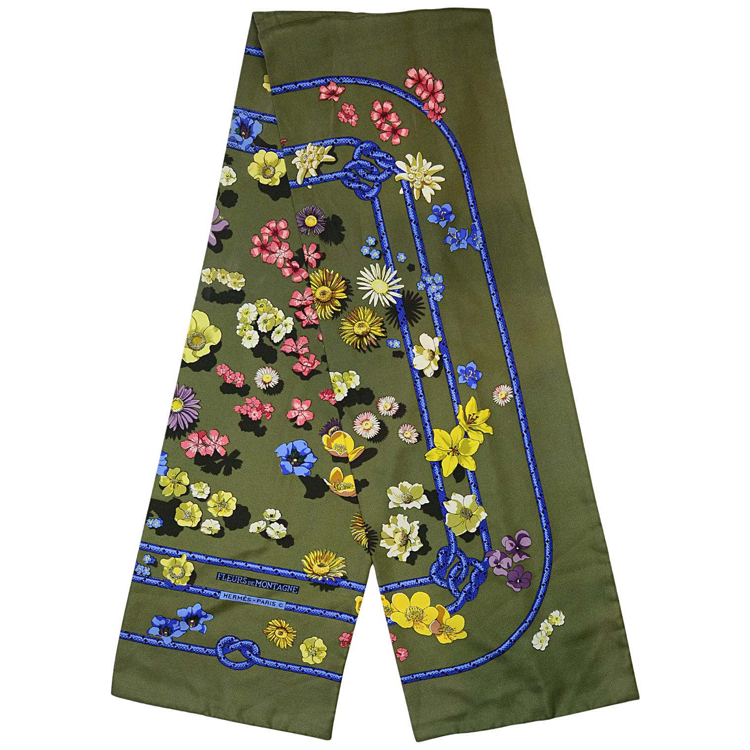 Hermes Green Fleurs De Montague Floral Printed Silk Scarf 70"