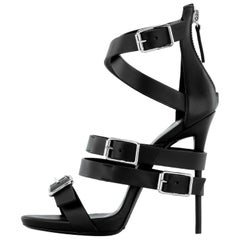 Giuseppe Zanotti NEW Black Leather Silver Buckle Evening Sandals Heels in Box