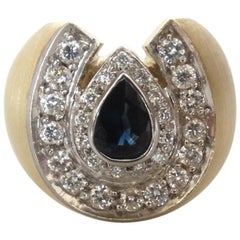 14k Gold White Diamond and Sapphire Horseshoe Mens Ring
