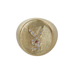 Vintage 14K Gold Diamond and Ruby Playboy Bunny Mens Signet Ring