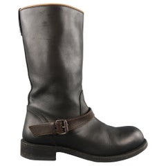 Used BOTTEGA VENETA Size 10 Black Leather Brown Ankle Strap Biker Boots