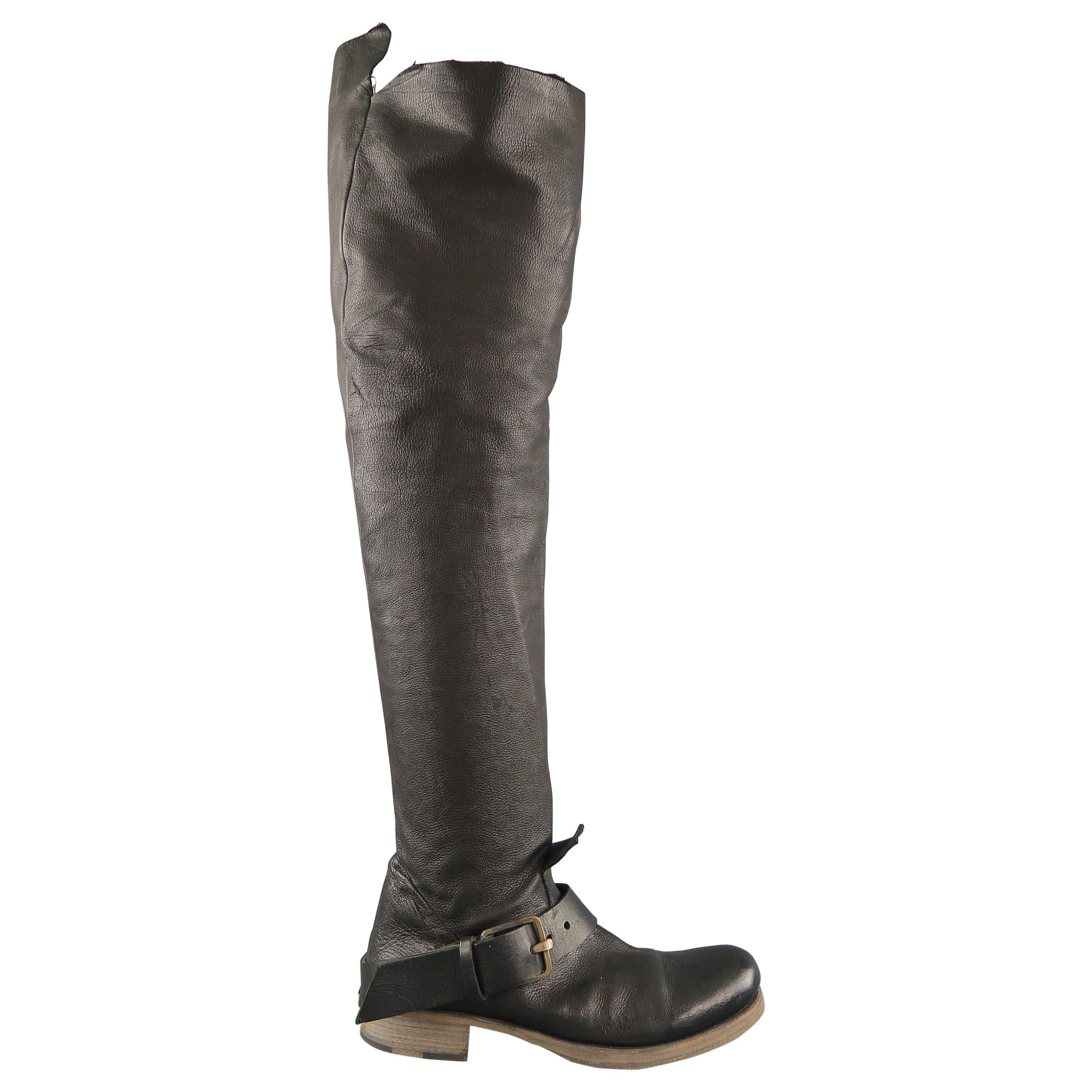 GUIDI Size 7 Black Leather Thigh High Ankle Strip Biker Boots