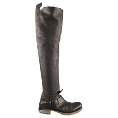 GUIDI Size 7 Black Leather Thigh High Ankle Strip Biker Boots
