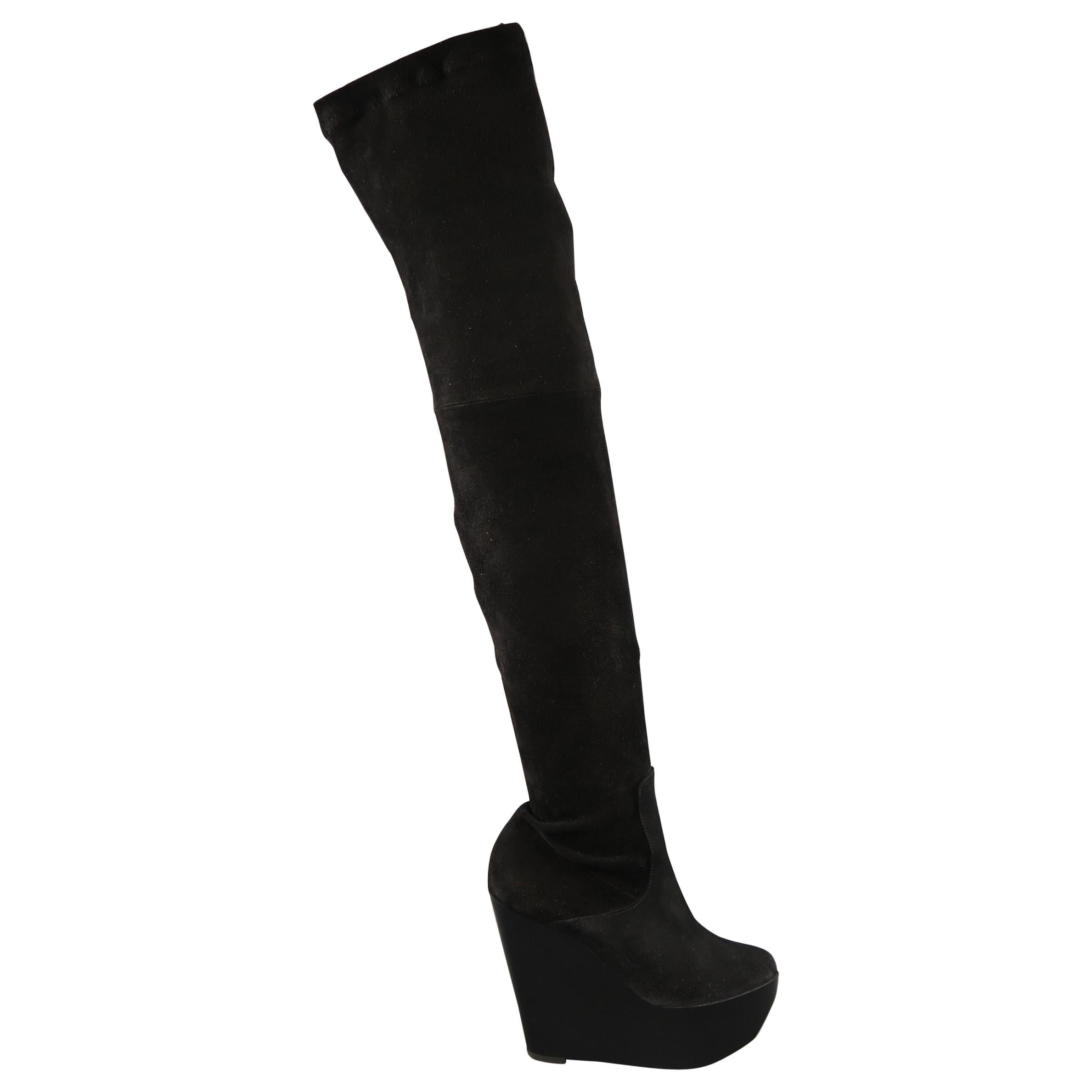 ROBERT CLERGERIE Size 5 Black Suede Lacquared Platform Wedge Thigh High Boots