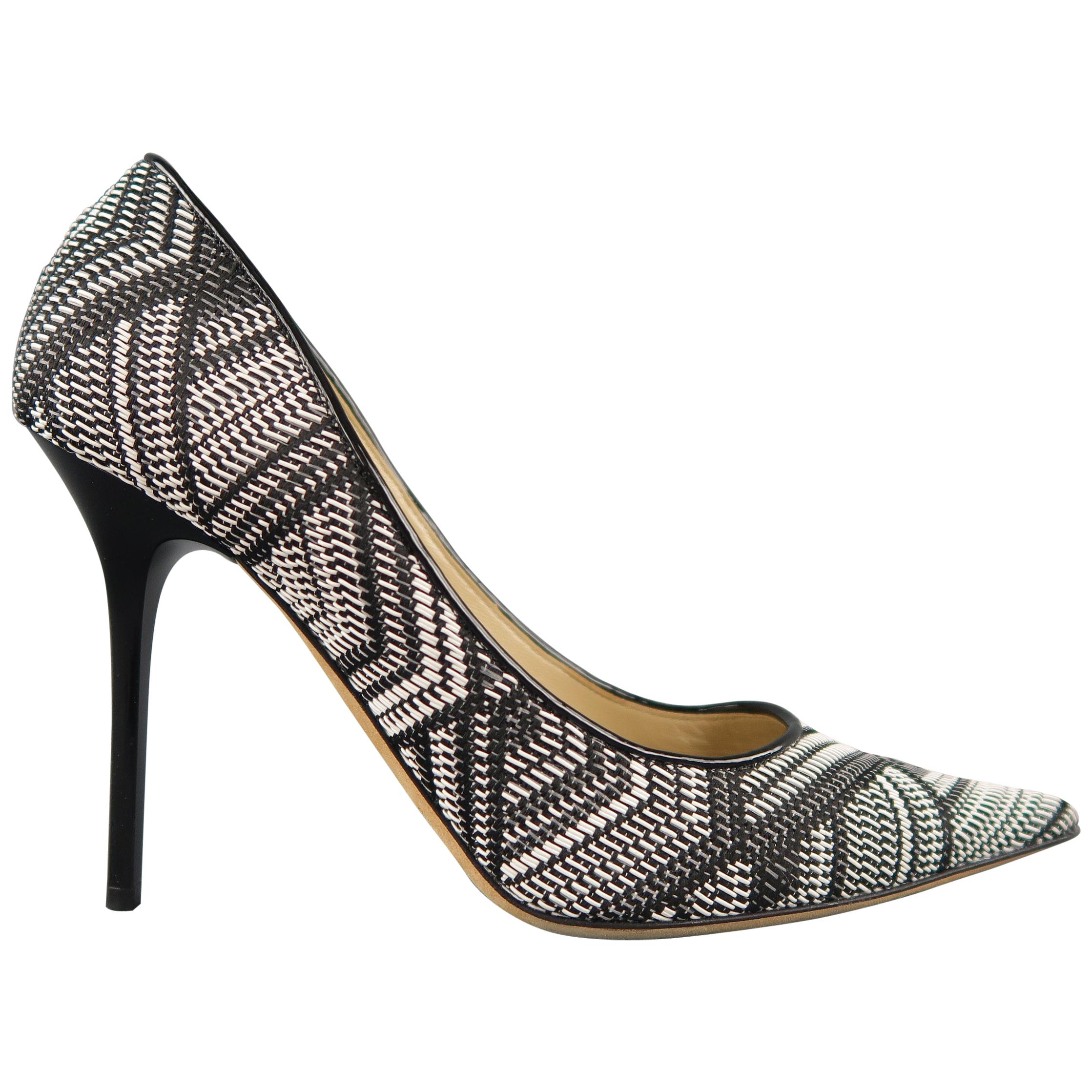 JIMMY CHOO Size 9 Black & White Woven Fabric ABEL Pointed Pumps