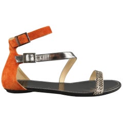 JIMMY CHOO Size 10 Orange Suede & Snake Skin Flat Sandals