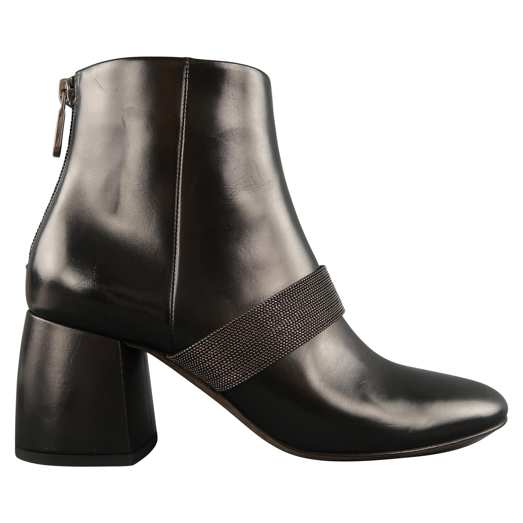 BRUNELLO CUCINELLI Size 6.5 Black Leather Monili Chain Strap Chunky Ankle Boots