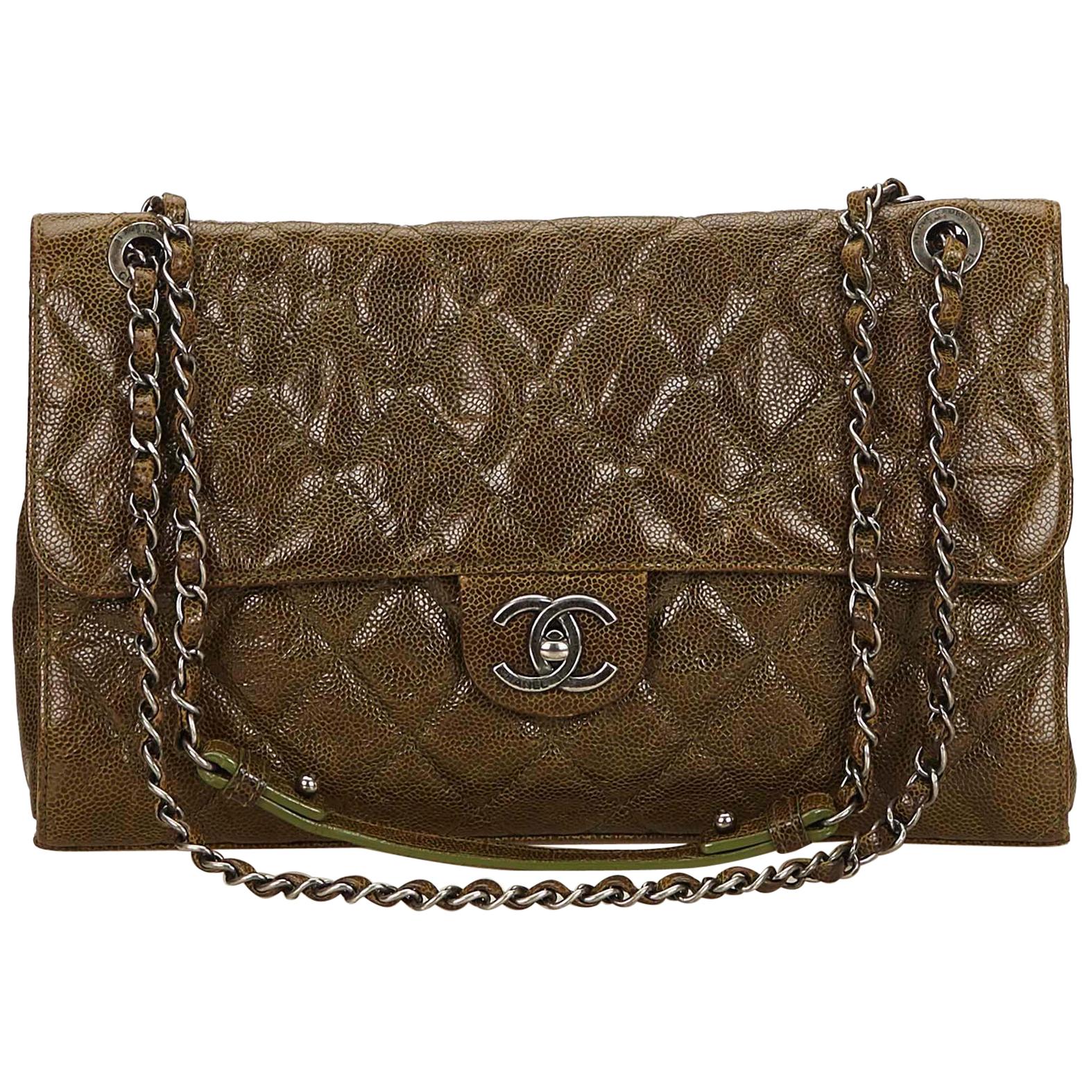 Chanel Brown x Khaki Jumbo Caviar Single Flap For Sale