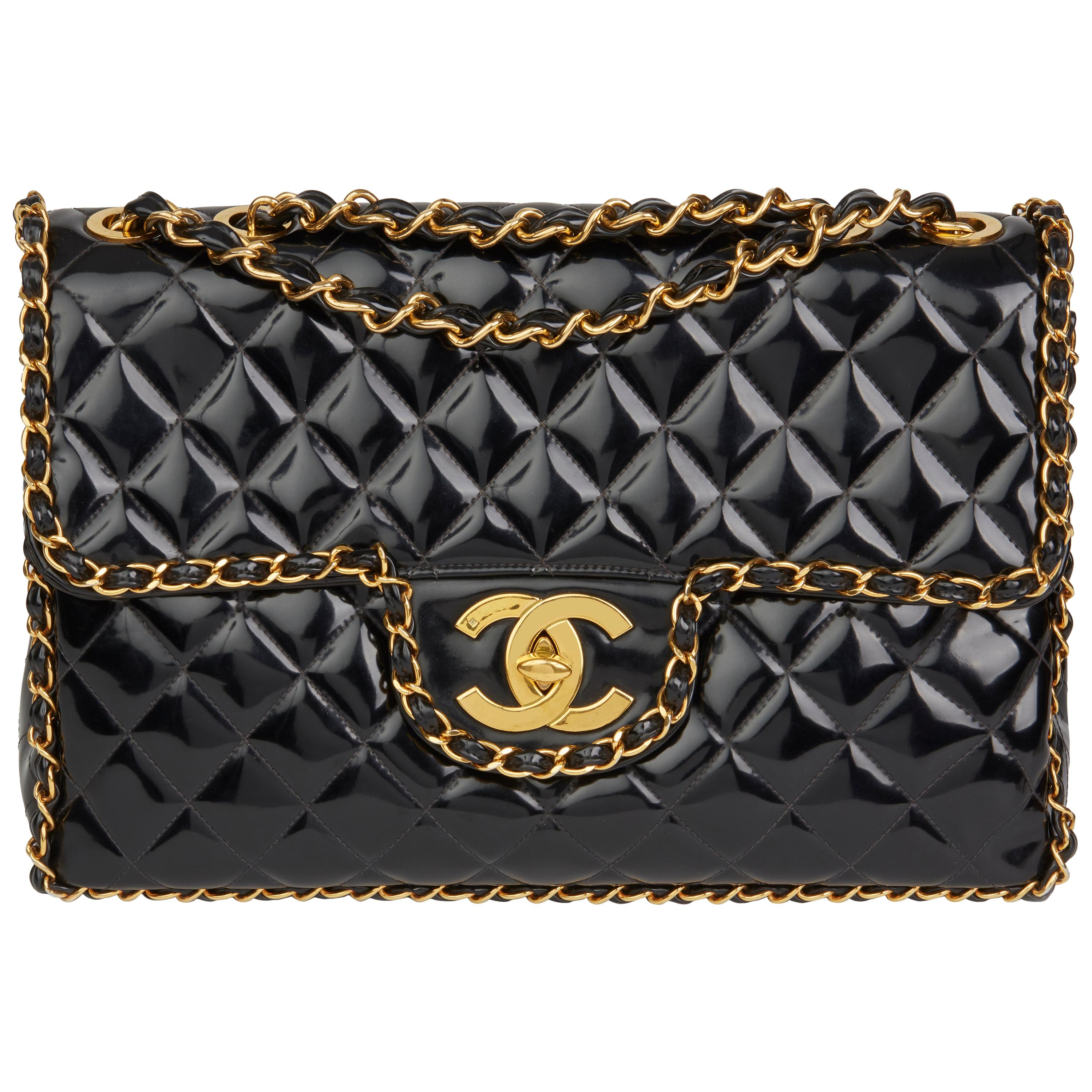 1994 Chanel Black Quilted Vinyl Chain Around Vintage Maxi Jumbo XL Flap Bag