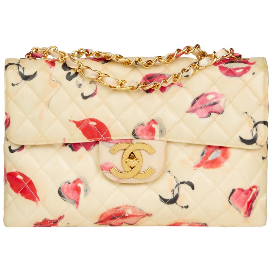 1994 Chanel Beige Quilted PVC 'Lips & Kisses' Vintage Maxi Jumbo XL Flap Bag