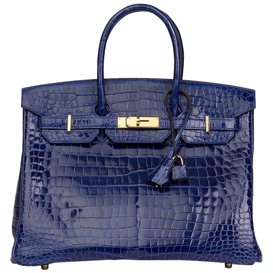 2013 Hermès Blue Saphir Shiny Porosus Crocodile Leather Birkin 35cm 