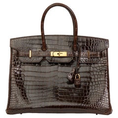 2013 Hermès Chocolate Brown Shiny Porosus Crocodile Leather Birkin 35cm