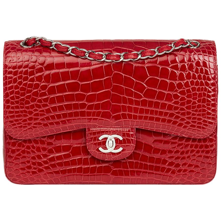 2013 Chanel Red Shiny Mississippiensis Alligator Jumbo Classic Double Flap Bag