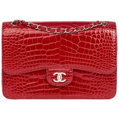 2013 Chanel Red Shiny Mississippiensis Alligator Jumbo Classic Double Flap Bag