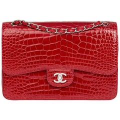 2013 Chanel Red Shiny Mississippiensis Alligator Jumbo Classic Double Flap Bag