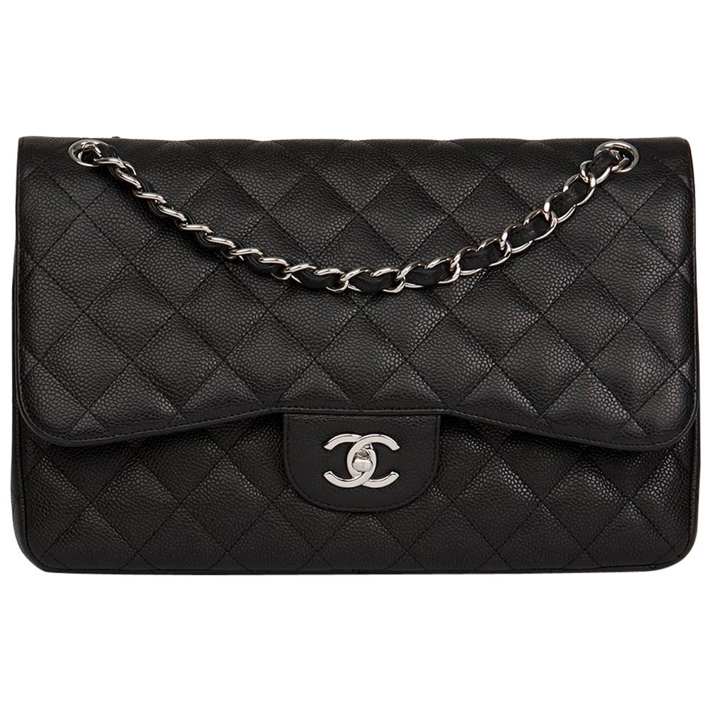2011 Chanel Black Quilted Caviar Leather Jumbo Classic Double Flap Bag