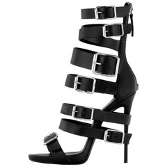 Giuseppe Zanotti NEW Black Leather Silver Buckle Evening Sandals Heels in Box II