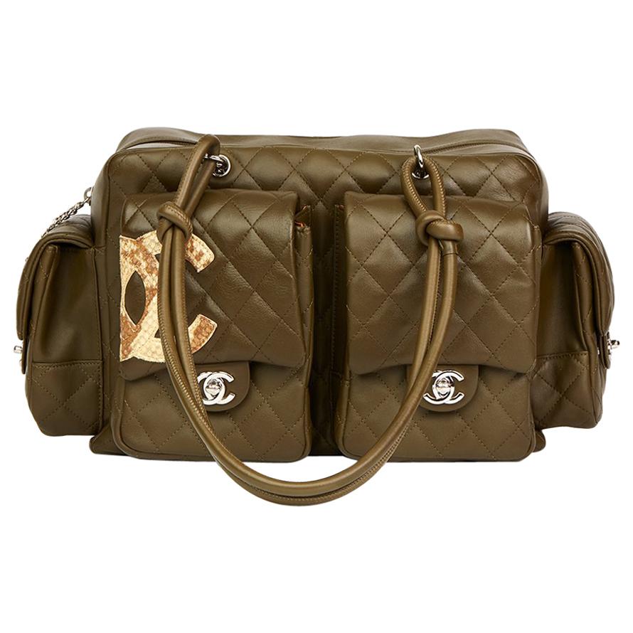 2004 Chanel Khaki Quilted Calfskin Leather & Natural Python Leather Reporter Cam