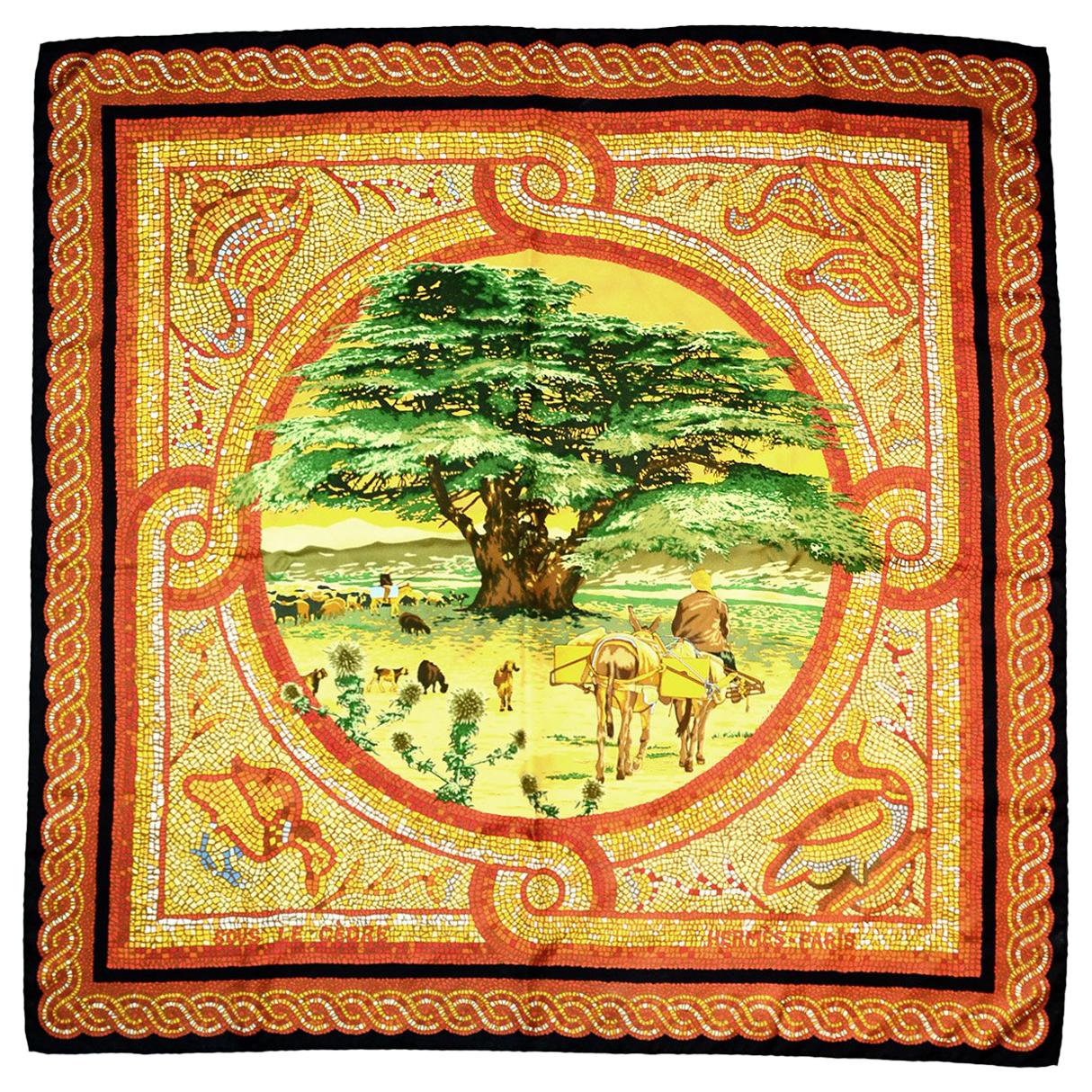 Hermes Orange/Yellow/Green Sous Le Cedre Mosaic Silk Scarf