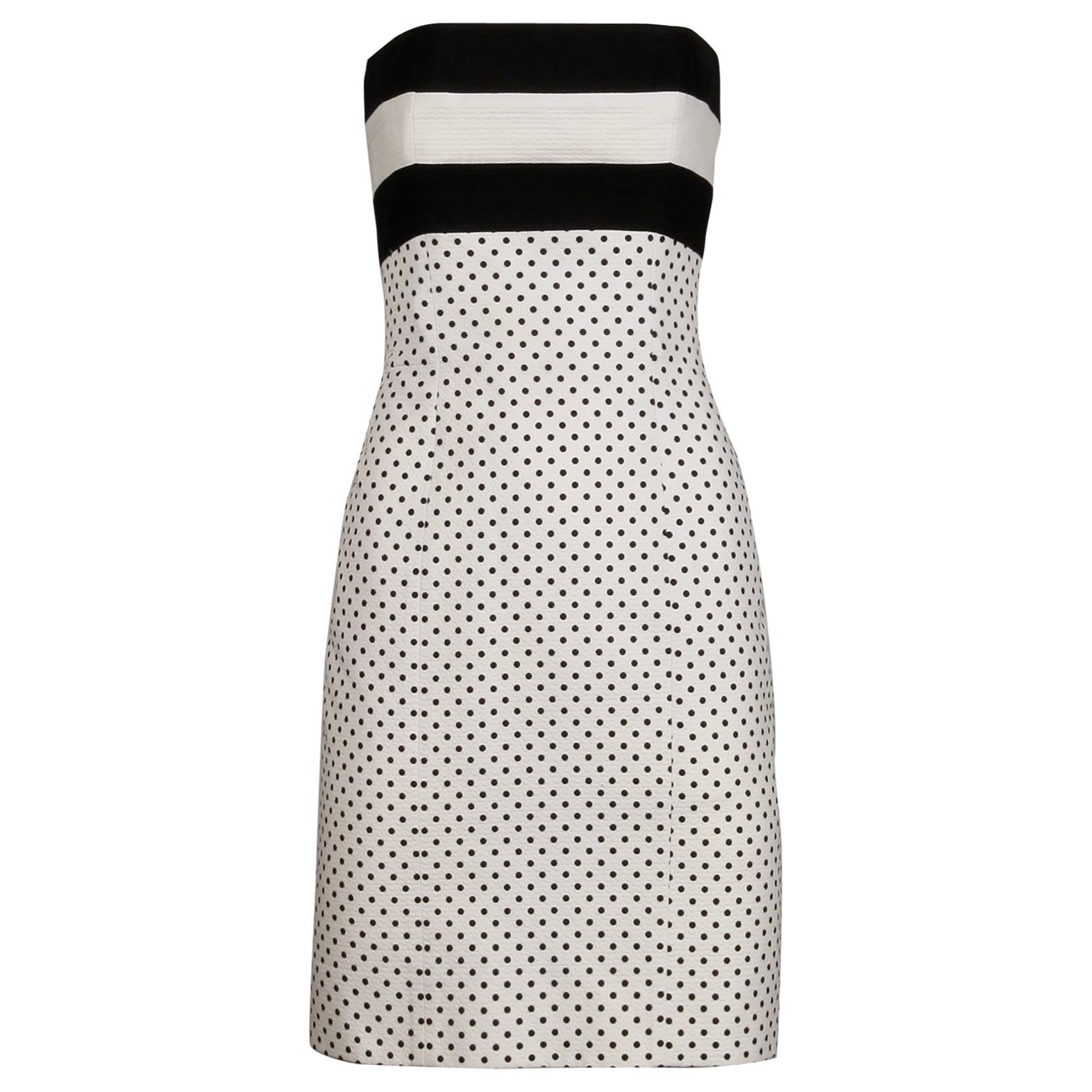 1980s Escada Vintage Black + White Polka Dot Striped Print Strapless Dress