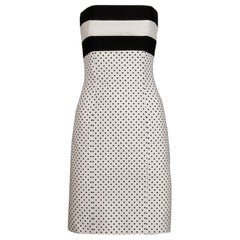 1980s Escada Vintage Black + White Polka Dot Striped Print Strapless Dress