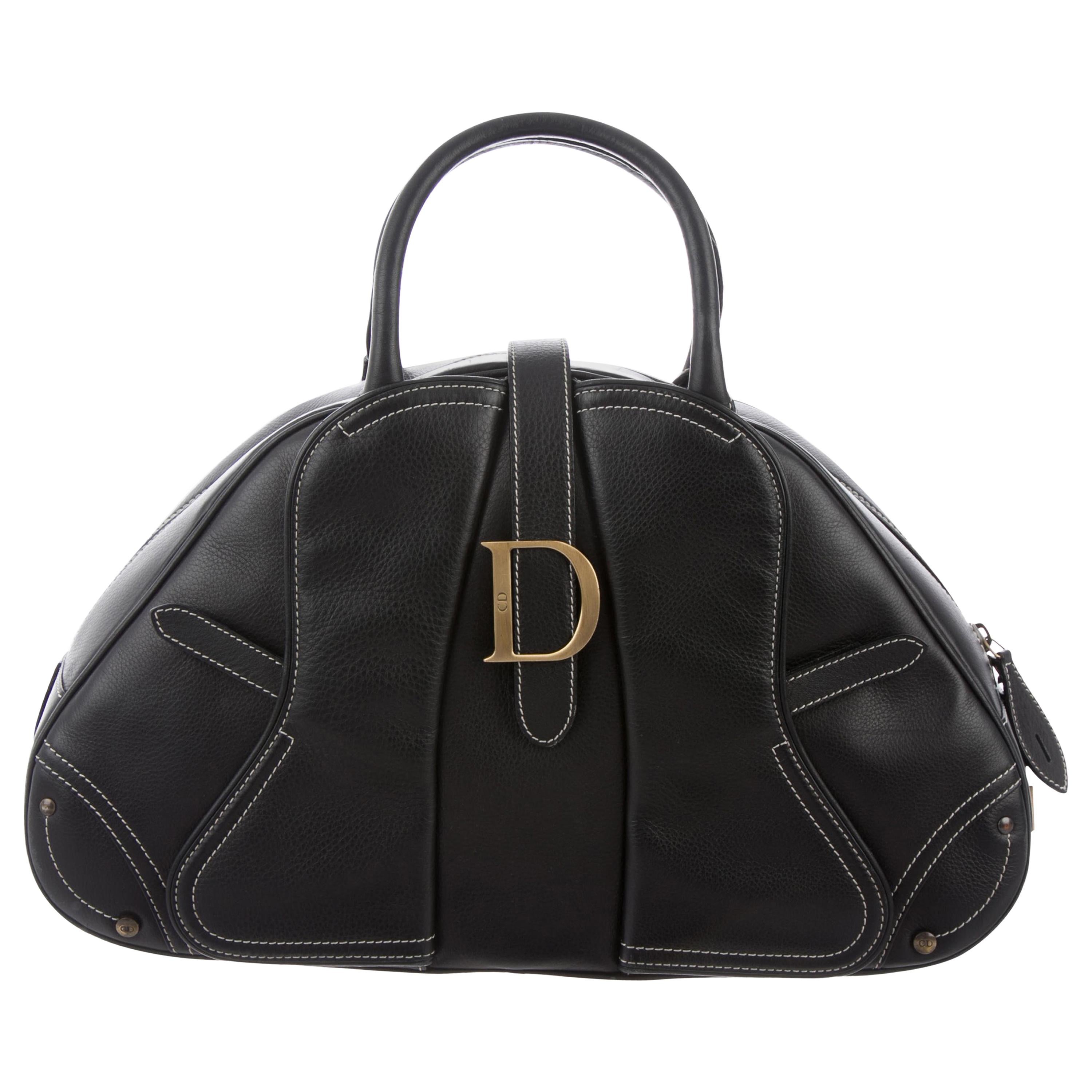 Christian Dior Black Leather Gold "D" Charm Buckle Top Handle Satchel Bag
