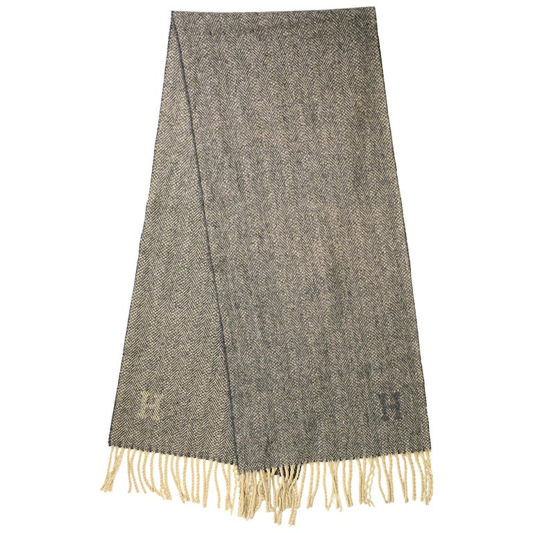 Hermes Grey/Cream Herringbone Cashmere/Wool Scarf W/ Fringe For Sale at