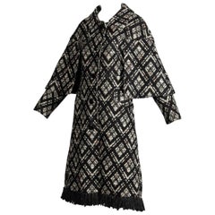 1970s Vintage Black + White Irish Wool Tweed Cape Coat with Fringe Trim