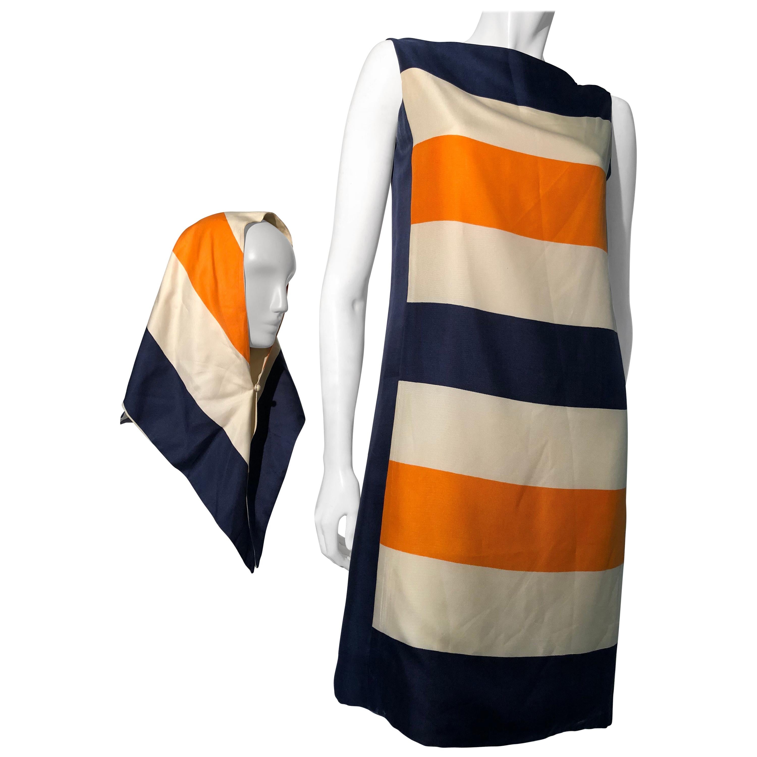 1960s Teal Traina Silk Color Block Mod Shift Dress W/ Head Wrap