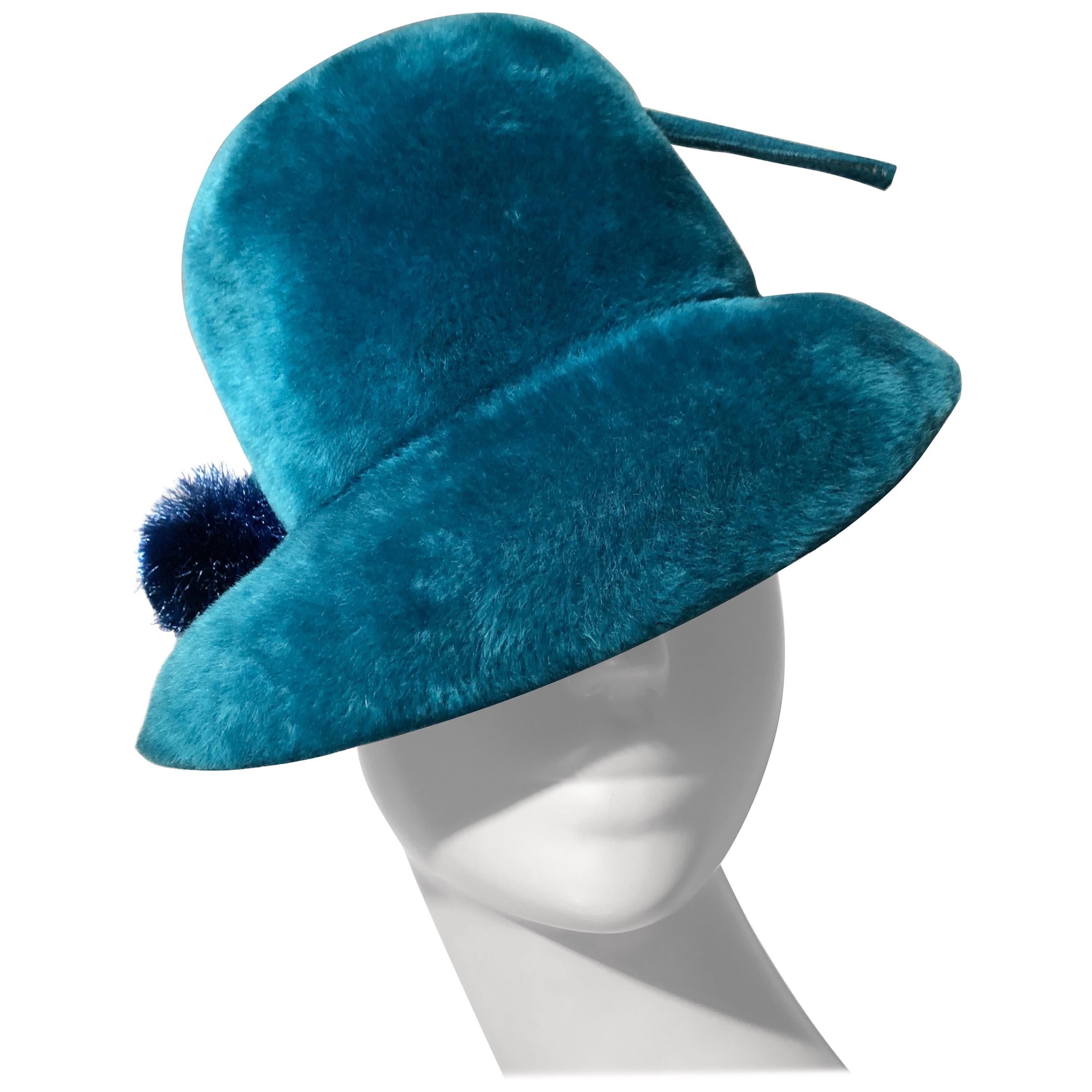 1960s Adolfo Turquoise Fur Felt Mod Hat W/ Pom Pom