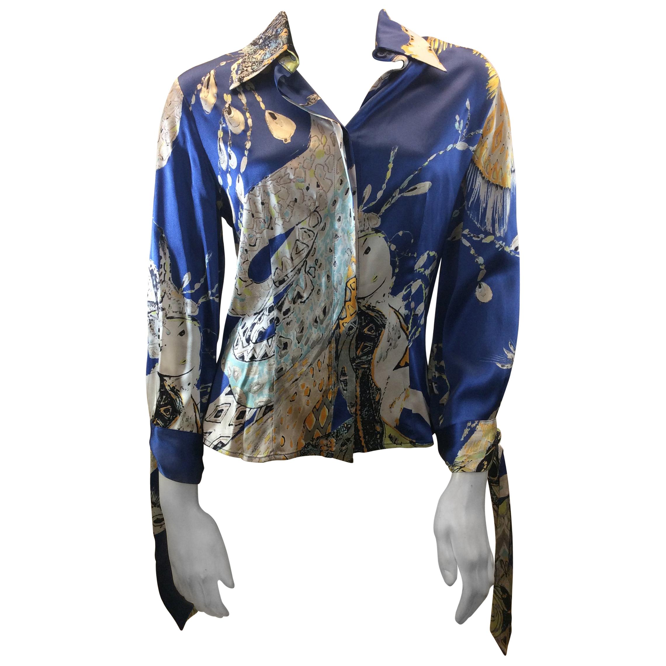Roberto Cavalli Blue Print Silk Blouse
