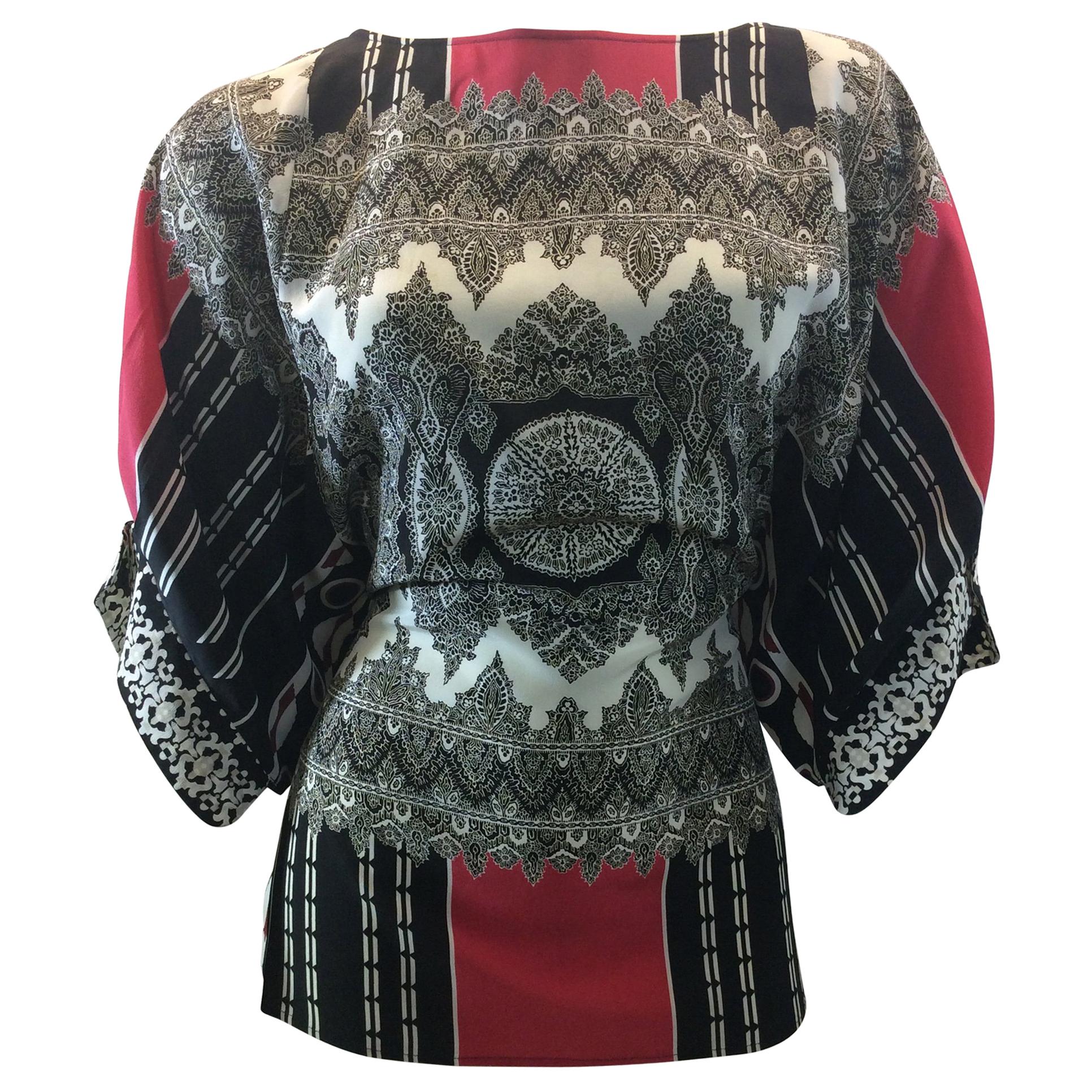 Etro Black, White, and Red Print Silk Blouse For Sale