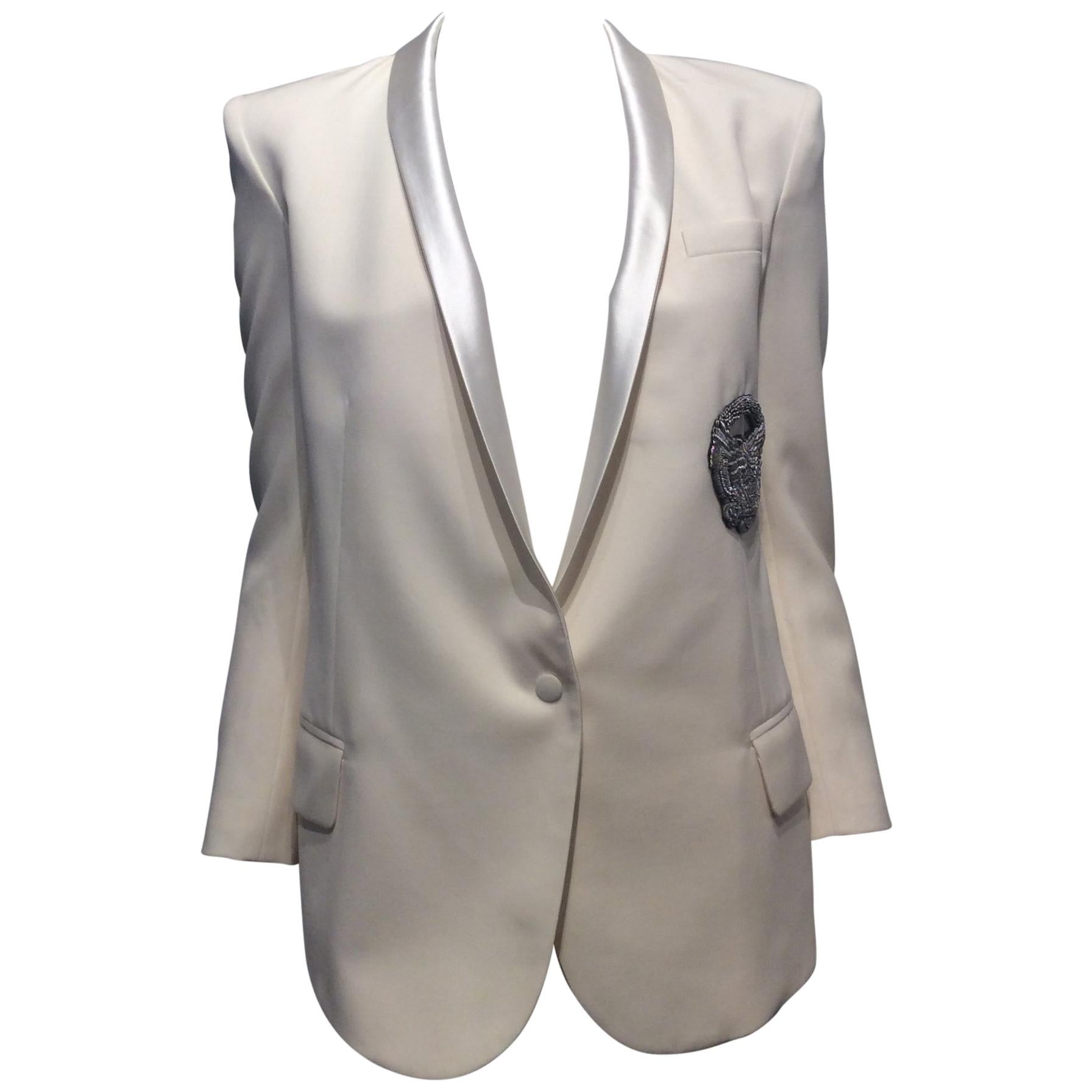 Balmain Cream Tuxedo Jacket with Silver Eagle Bullion Crest, Size 36 (4) For Sale
