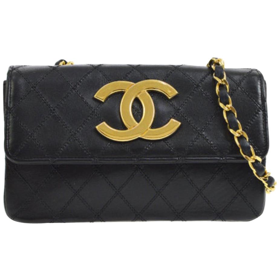 Chanel Black Leather Large Gold Charm Small Party Evening Flap Shoulder ...