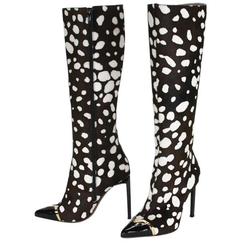 New Versace Collection Leopard Print Calf Hair Stiletto Heel Boots IT 38 US 8 For Sale