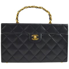 Chanel Rare Black Lambskin Leather Large Travel Carryall Top Handle Satchel Bag