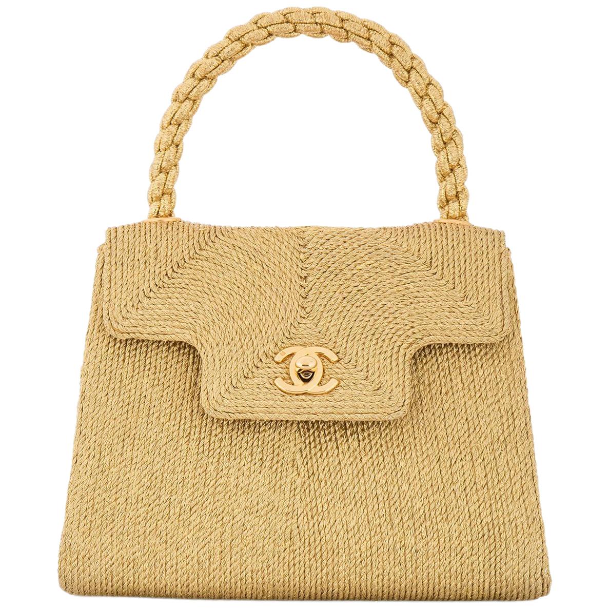 Chanel Rare LameGold Evening Top Handle Satchel Small Party Kelly Style Flap Bag