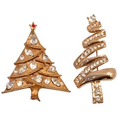 Vintage 20th Century Pair Of Gold Tone & Swarovski Crystal Christmas Tree Brooches