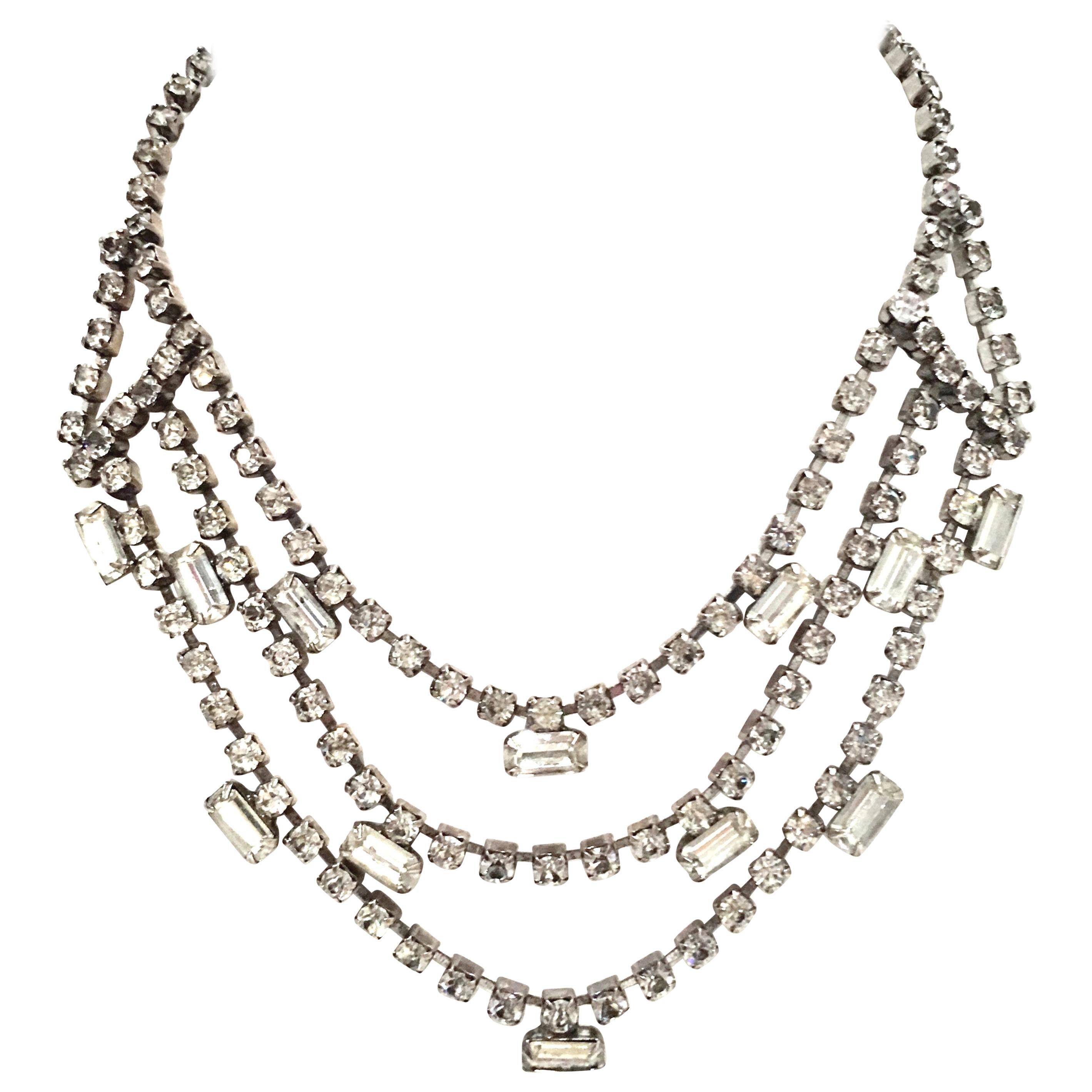 Mid-20th Century Silver & Austrian Crystal Triple Strand Choker Style Necklace im Angebot