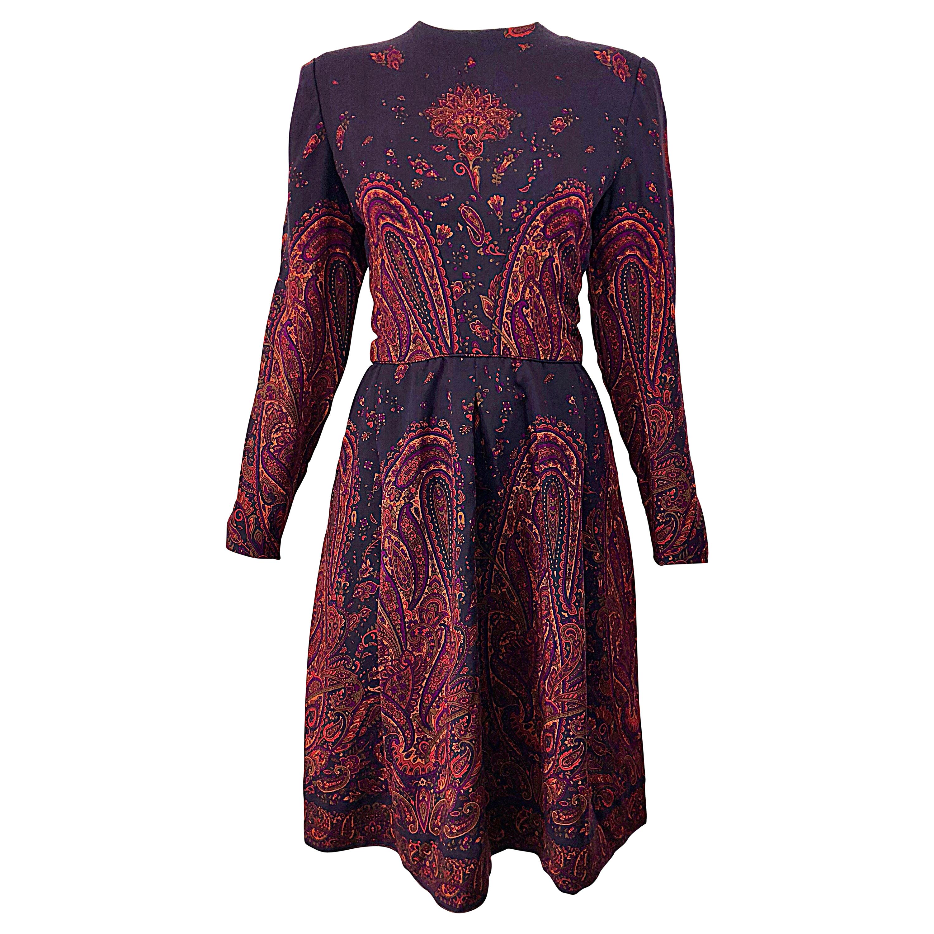 Chic Vintage Pauline Trigere Dark Purple Paisley Wool Challis Long Sleeve Dress